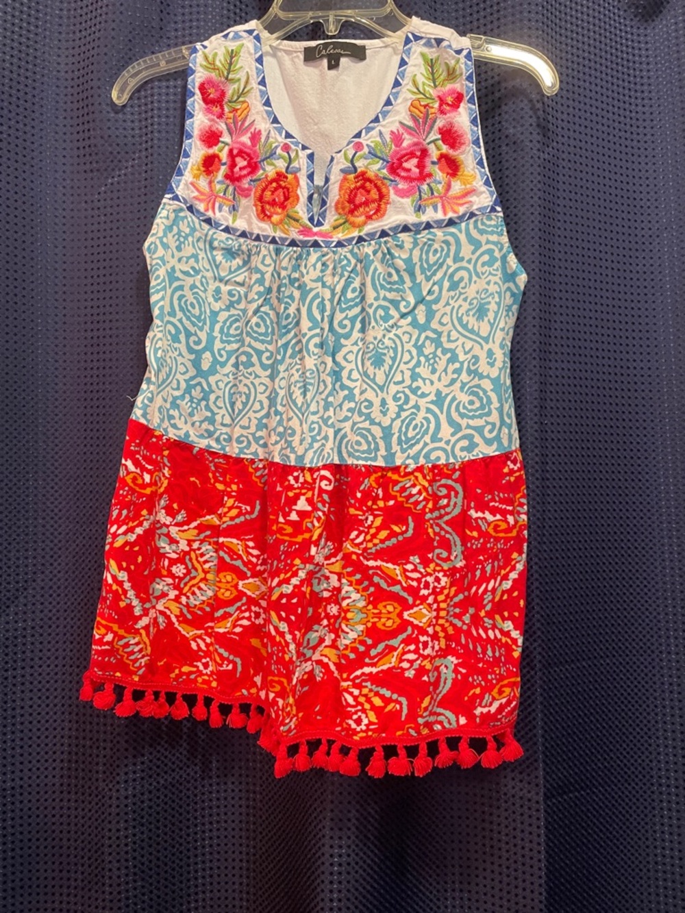 Calessa Women's Multicolor Embroidered Tank Dress - Red & Light Blue